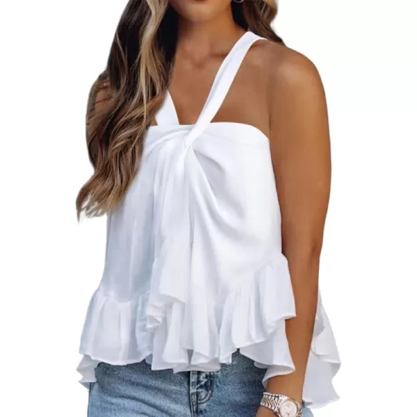 LYANER Women's Halter Neck Twist Front Ruffle Hem Ruched Sleeveless Cami Tank Top