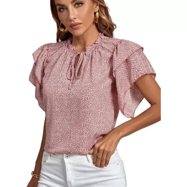 LYANER Women's Print Layered Ruffle Short Sleeve Frill Trim Crew Neck Tie Blouse Shirt Top