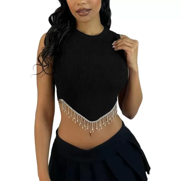 LYANER Women's Rhinestone Fringe High Low Hem Sleeveless Ribbed Crop Tops Tank Blouse