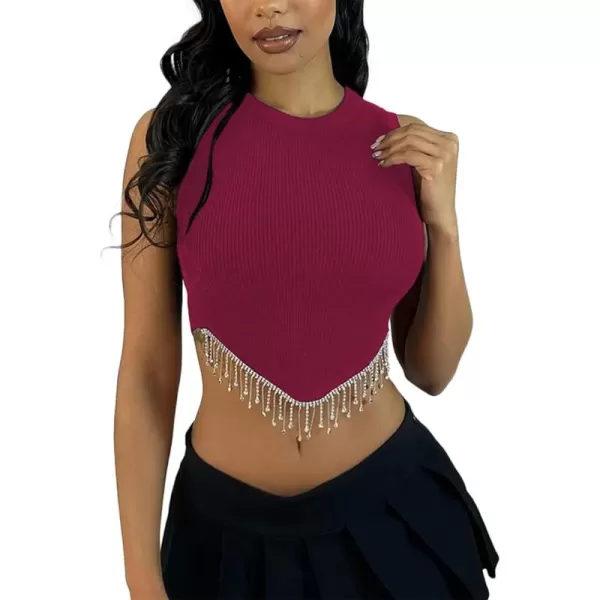LYANER Women's Rhinestone Fringe High Low Hem Sleeveless Ribbed Crop Tops Tank Blouse
