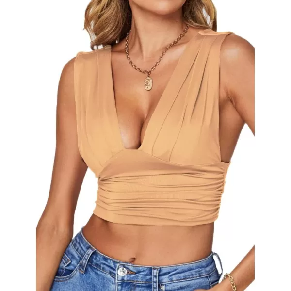 LYANER Women's Sexy Deep V Neck Ruched Backless Slim Tank Sleeveless Top