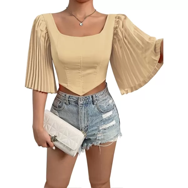 LYANER Women's Square Neck Pleated Half Sleeve Back Knot Crop Top Shirt Blouse Top