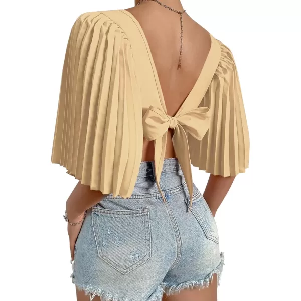 LYANER Women's Square Neck Pleated Half Sleeve Back Knot Crop Top Shirt Blouse Top