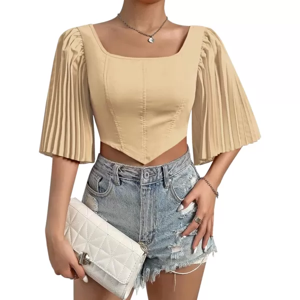LYANER Women's Square Neck Pleated Half Sleeve Back Knot Crop Top Shirt Blouse Top