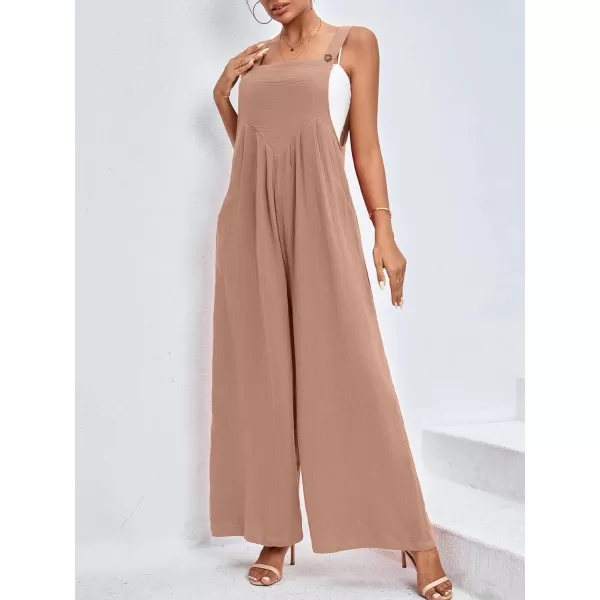 LYANER Women's Summer Baggy Wide Leg Cotton Linen Overalls Spaghtti Straps Jumpsuit with Pockets