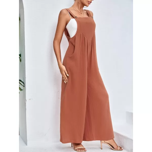 LYANER Women's Summer Baggy Wide Leg Cotton Linen Overalls Spaghtti Straps Jumpsuit with Pockets