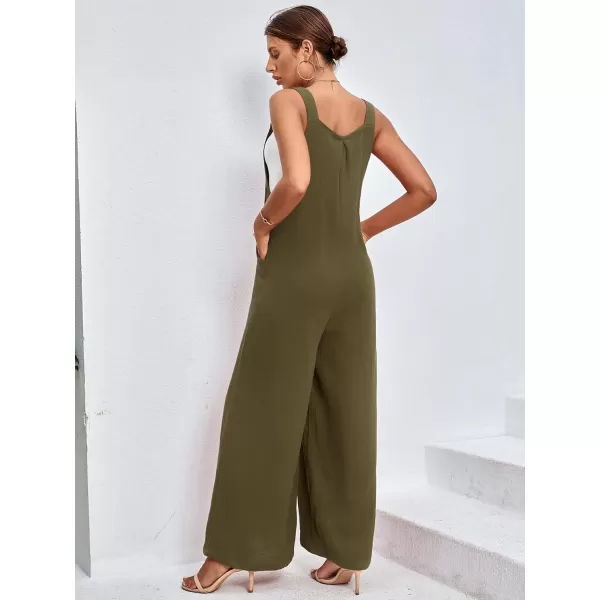 LYANER Women's Summer Baggy Wide Leg Cotton Linen Overalls Spaghtti Straps Jumpsuit with Pockets