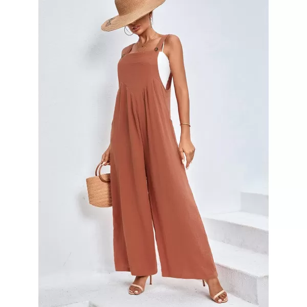 LYANER Women's Summer Baggy Wide Leg Cotton Linen Overalls Spaghtti Straps Jumpsuit with Pockets