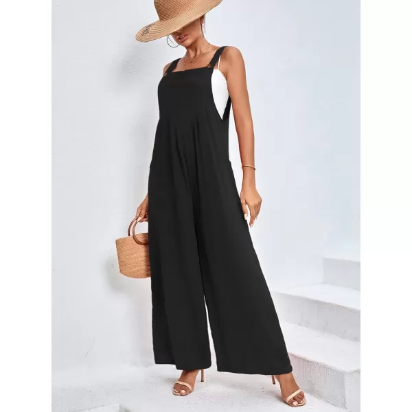 LYANER Women's Summer Baggy Wide Leg Cotton Linen Overalls Spaghtti Straps Jumpsuit with Pockets