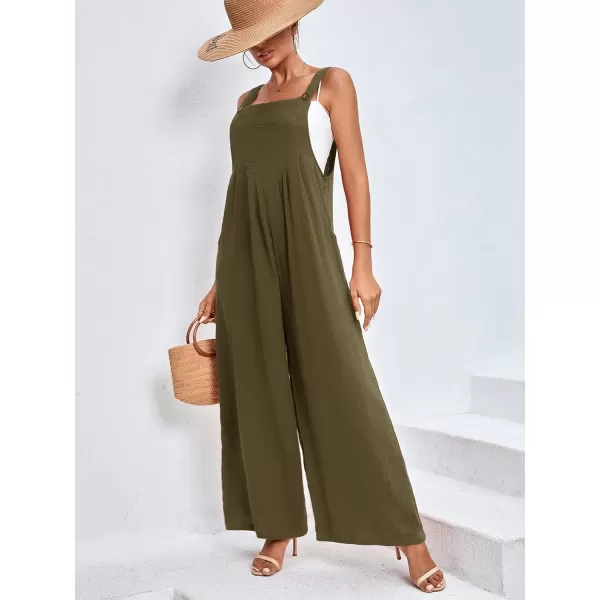 LYANER Women's Summer Baggy Wide Leg Cotton Linen Overalls Spaghtti Straps Jumpsuit with Pockets