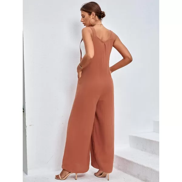 LYANER Women's Summer Baggy Wide Leg Cotton Linen Overalls Spaghtti Straps Jumpsuit with Pockets