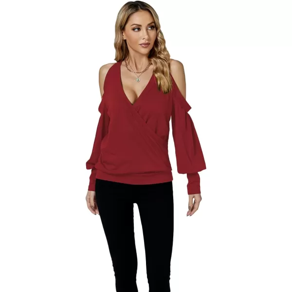 LYANER Women's Wrap V Neck Cold Shoulder Long Puff Sleeves Top Blouse Shirt