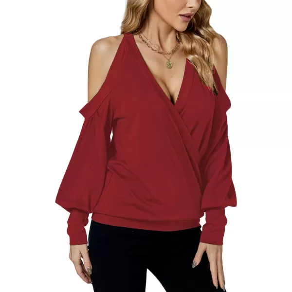 LYANER Women's Wrap V Neck Cold Shoulder Long Puff Sleeves Top Blouse Shirt