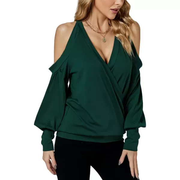 LYANER Women's Wrap V Neck Cold Shoulder Long Puff Sleeves Top Blouse Shirt