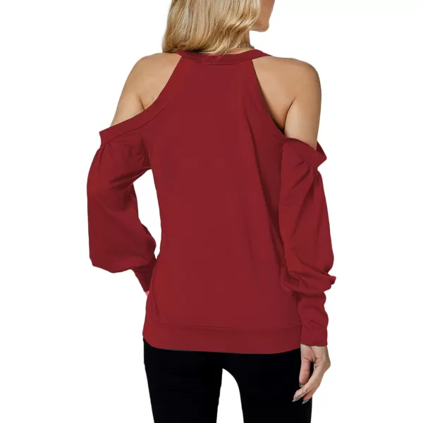 LYANER Women's Wrap V Neck Cold Shoulder Long Puff Sleeves Top Blouse Shirt