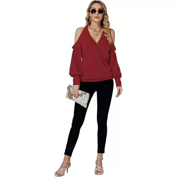LYANER Women's Wrap V Neck Cold Shoulder Long Puff Sleeves Top Blouse Shirt