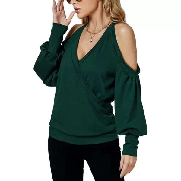 LYANER Women's Wrap V Neck Cold Shoulder Long Puff Sleeves Top Blouse Shirt