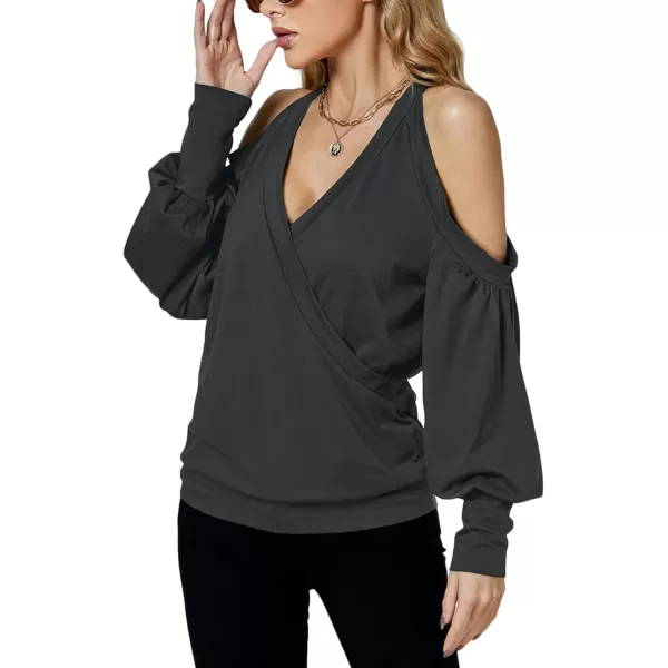 LYANER Women's Wrap V Neck Cold Shoulder Long Puff Sleeves Top Blouse Shirt