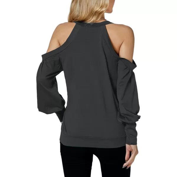 LYANER Women's Wrap V Neck Cold Shoulder Long Puff Sleeves Top Blouse Shirt