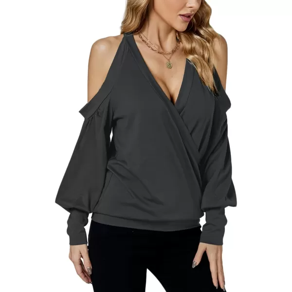 LYANER Women's Wrap V Neck Cold Shoulder Long Puff Sleeves Top Blouse Shirt
