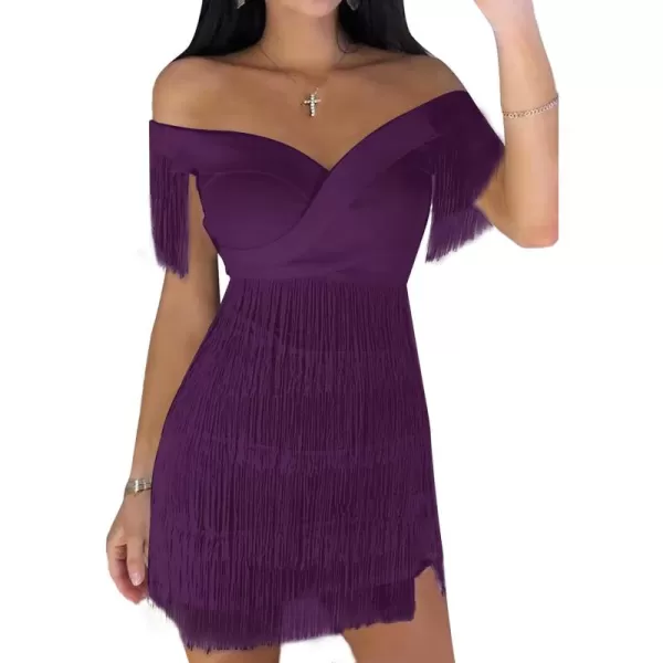 LYANER Women's Off Shoulder Wrap Fringe Layers Sleeveless Elegant Party Mini Dress