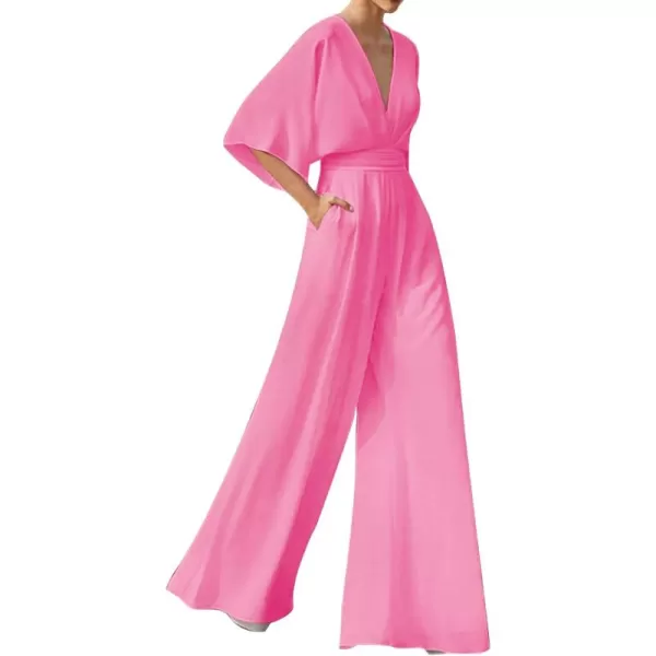 LYANER Women's One Pieces Outfit Deep V Neck Short Sleeve Wide Leg Pants Work Jumpsuit with Pockets