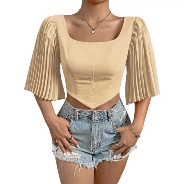 LYANER Women's Square Neck Pleated Half Sleeve Back Knot Crop Top Shirt Blouse Top