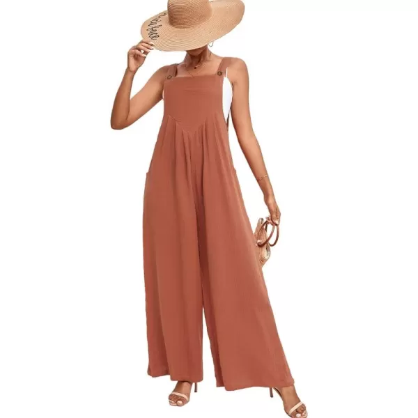 LYANER Women's Summer Baggy Wide Leg Cotton Linen Overalls Spaghtti Straps Jumpsuit with Pockets
