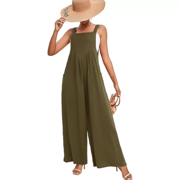 LYANER Women's Summer Baggy Wide Leg Cotton Linen Overalls Spaghtti Straps Jumpsuit with Pockets