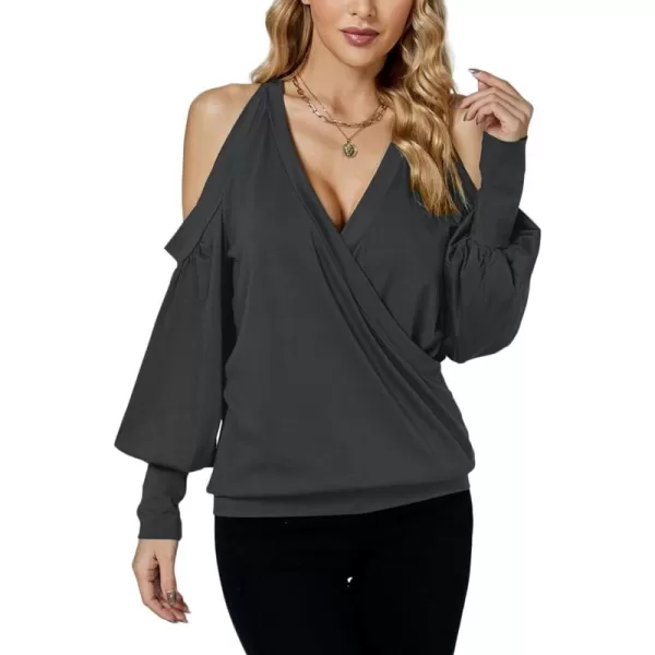 LYANER Women's Wrap V Neck Cold Shoulder Long Puff Sleeves Top Blouse Shirt