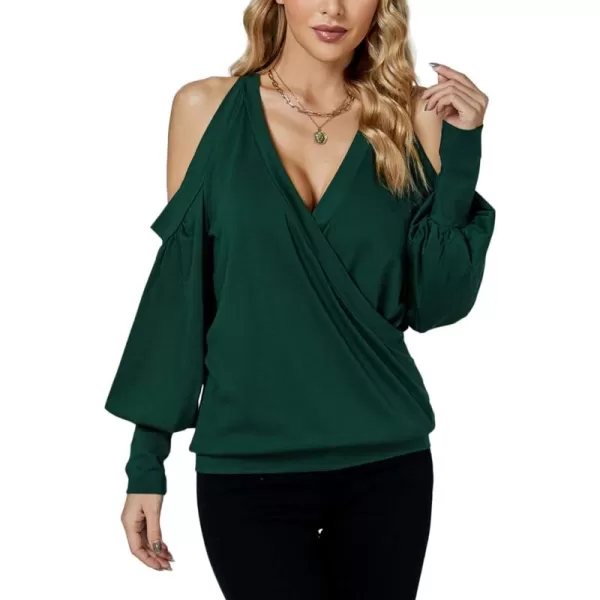 LYANER Women's Wrap V Neck Cold Shoulder Long Puff Sleeves Top Blouse Shirt