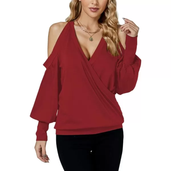 LYANER Women's Wrap V Neck Cold Shoulder Long Puff Sleeves Top Blouse Shirt