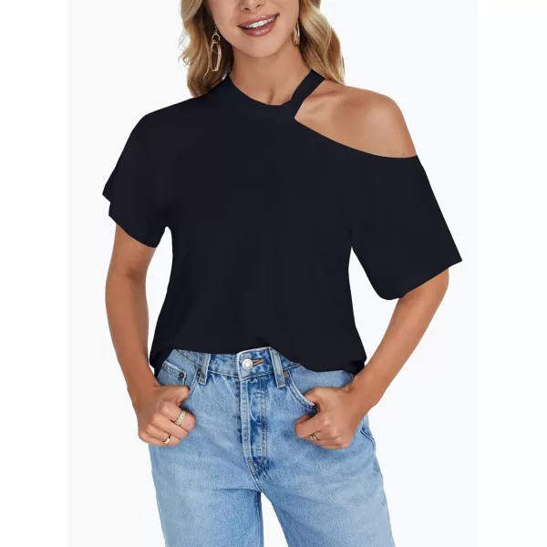 LYANER Women's Causal Cold Shoulder Short Sleeve Cut Out Tee Top T-Shirts Blouse