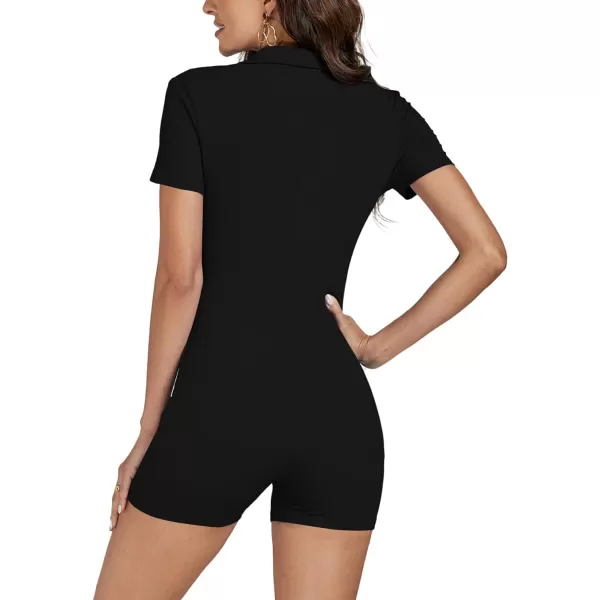 LYANER Women's Collar Button Front Short Sleeve Romper Shorts Knitted One Piece Bodycon Jumpsuit Bodysuit