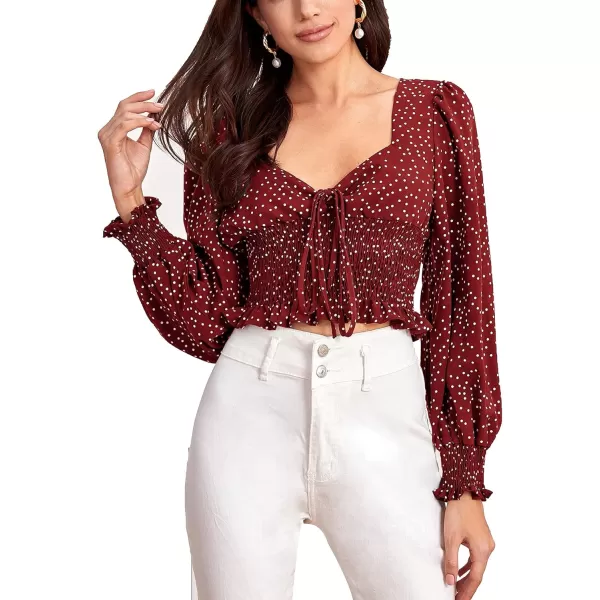 LYANER Women's Polka Dots Sweetheart Neck Shirred Hem Long Sleeve Crop Blouse Top
