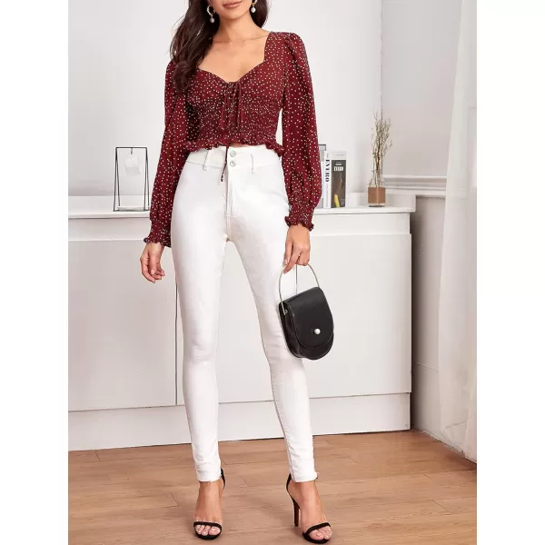 LYANER Women's Polka Dots Sweetheart Neck Shirred Hem Long Sleeve Crop Blouse Top