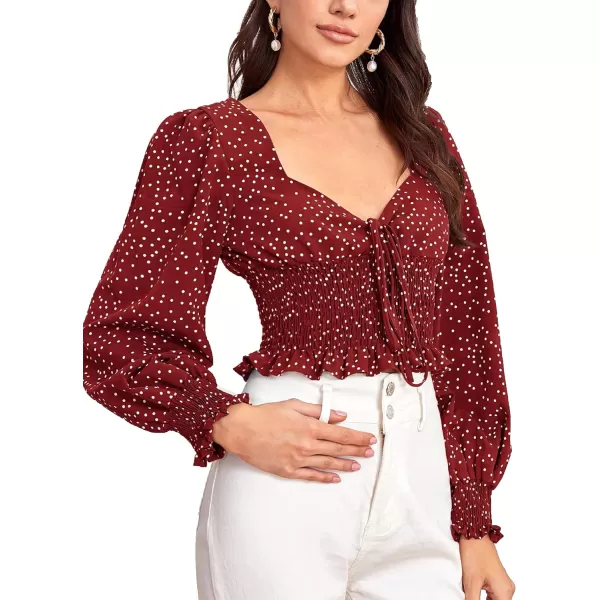 LYANER Women's Polka Dots Sweetheart Neck Shirred Hem Long Sleeve Crop Blouse Top