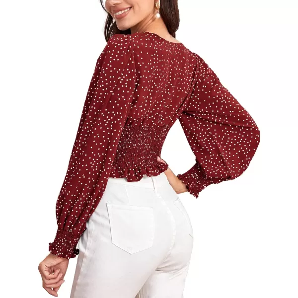 LYANER Women's Polka Dots Sweetheart Neck Shirred Hem Long Sleeve Crop Blouse Top
