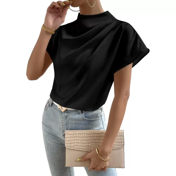 LYANER Women's Satin Silk Mock Neck Batwing Short Sleeve Ruffle Top Shirt Blouse