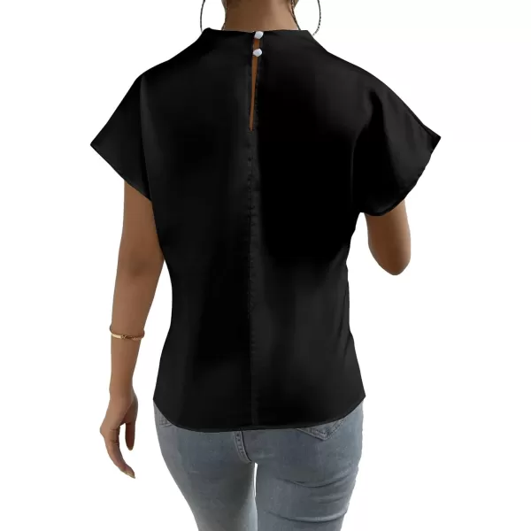 LYANER Women's Satin Silk Mock Neck Batwing Short Sleeve Ruffle Top Shirt Blouse
