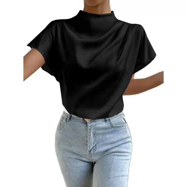 LYANER Women's Satin Silk Mock Neck Batwing Short Sleeve Ruffle Top Shirt Blouse