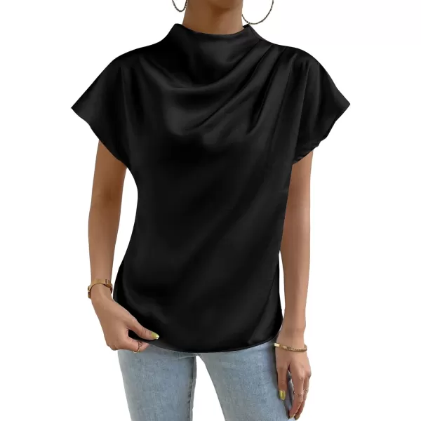 LYANER Women's Satin Silk Mock Neck Batwing Short Sleeve Ruffle Top Shirt Blouse