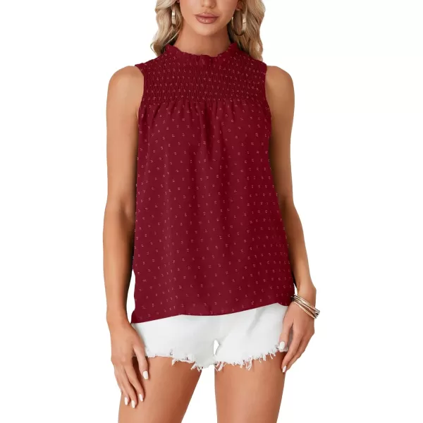 LYANER Women's Shirred Frill Mock Neck Swiss Dots Sleeveless Blouse Cami Tank Top