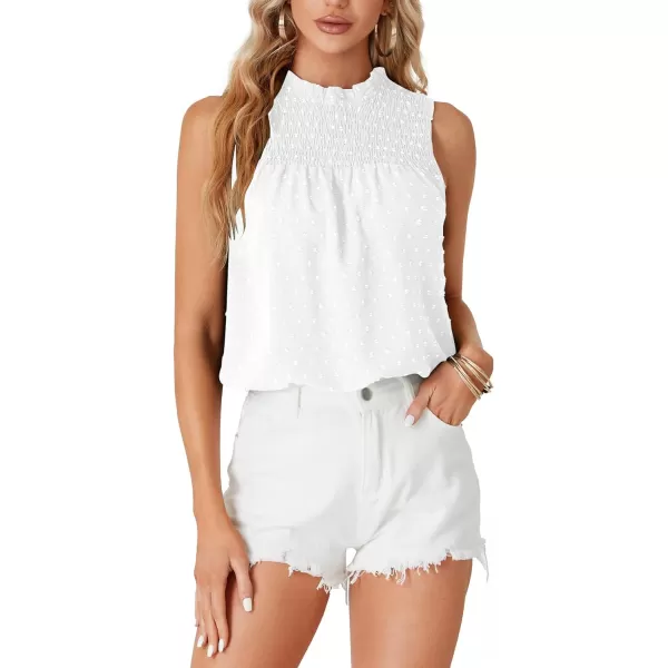 LYANER Women's Shirred Frill Mock Neck Swiss Dots Sleeveless Blouse Cami Tank Top