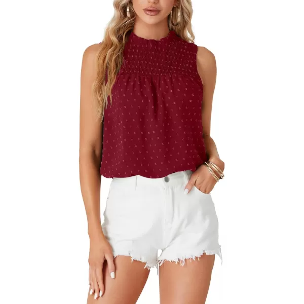 LYANER Women's Shirred Frill Mock Neck Swiss Dots Sleeveless Blouse Cami Tank Top