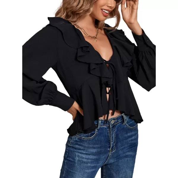 LYANER Women's Solid Deep V Neck Long Sleeve Crop Top Tie Front Chiffon Ruffle Hem Blouse Shirt