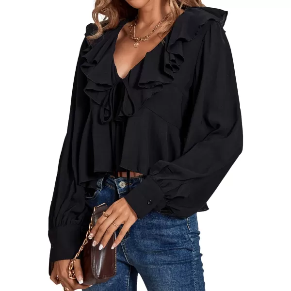 LYANER Women's Solid Deep V Neck Long Sleeve Crop Top Tie Front Chiffon Ruffle Hem Blouse Shirt