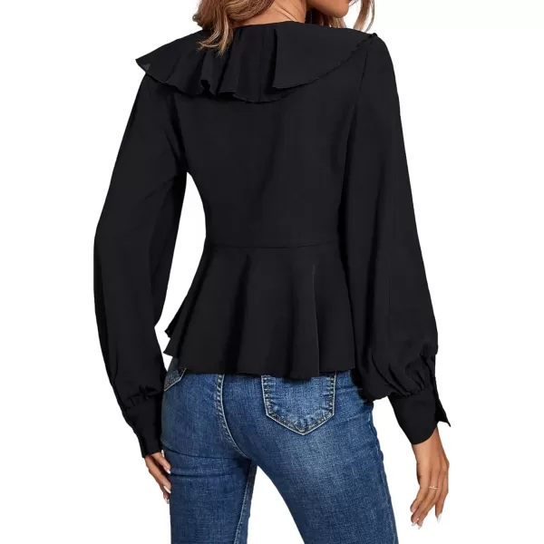 LYANER Women's Solid Deep V Neck Long Sleeve Crop Top Tie Front Chiffon Ruffle Hem Blouse Shirt