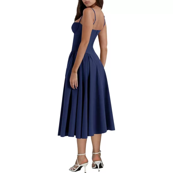 LYANER Women's Spaghetti Strap Pleated Sleeveless Corset Midi Dress with Pocket