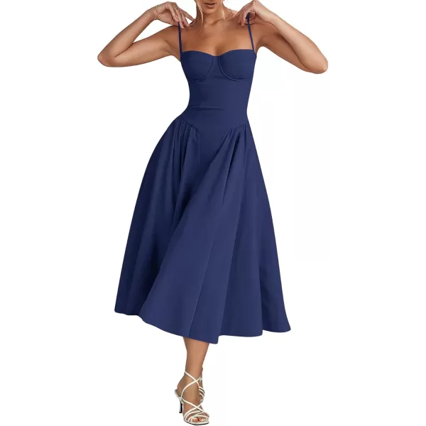 LYANER Women's Spaghetti Strap Pleated Sleeveless Corset Midi Dress with Pocket